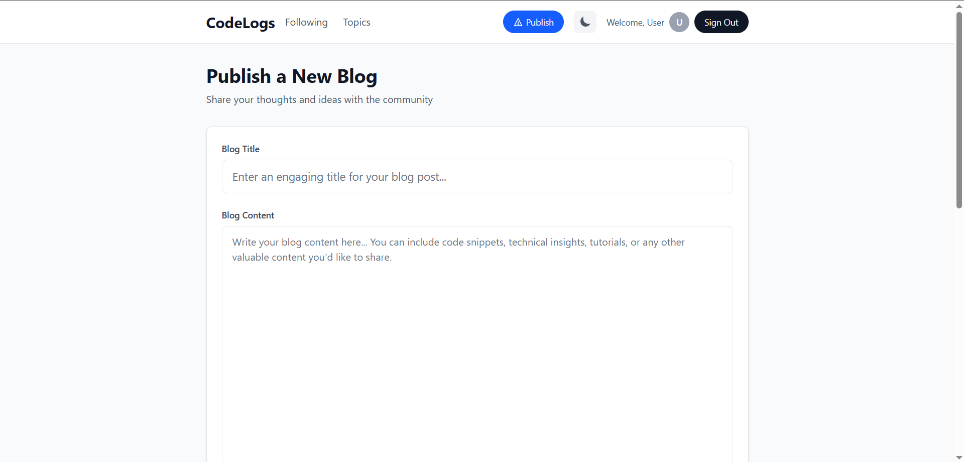 Blog Publishing Interface for Content Creation